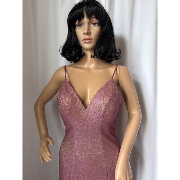 Faviana Sparkly Metallic Long Jersey Dress With Leg Slit pink 2 - Picture 2 of 16